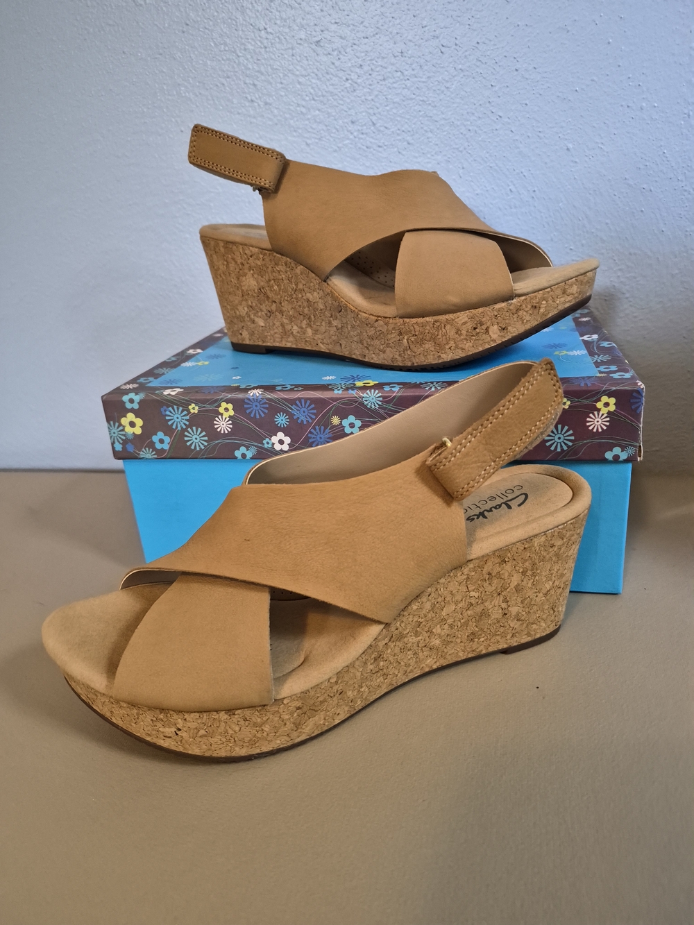 Clarks Tan Cork Platform Wedge Sandals